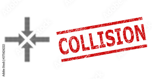 Compress arrows halftone dotted vector and Collision rubber stamp. Stamp seal includes Collision tag between parallel lines.
