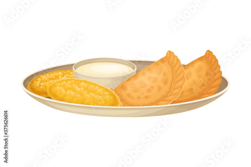 Empanada Stuffed with Meat Served on Plate as Ecuador Dish Vector Illustration