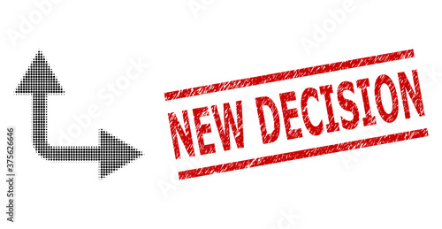 Bifurcation arrow right up halftone dotted vector and New Decision scratched stamp seal. Seal includes New Decision text between parallel lines.