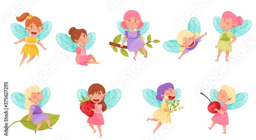 Little Fairies or Pixies with Wings Hovering and Flying Vector Illustration Set