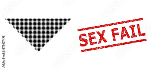 Arrowhead down halftone dotted vector and Sex Fail corroded stamp print. Stamp seal includes Sex Fail caption between parallel lines.