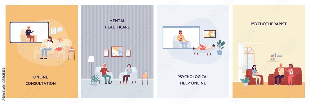 A set of vector flat illustrations by patients having session from psychologist