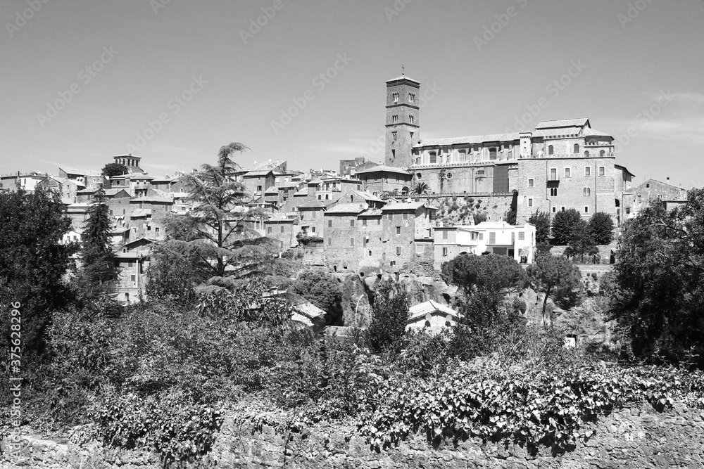 Panorama of the medieval village of Sutri (Lazio Italy). Black and white photo.