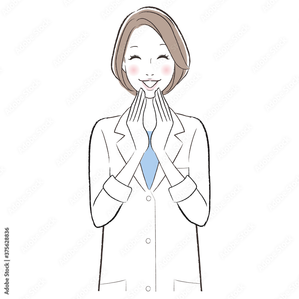 A happy woman doctor smiling touching her face A happy woman doctor smiling touching her face