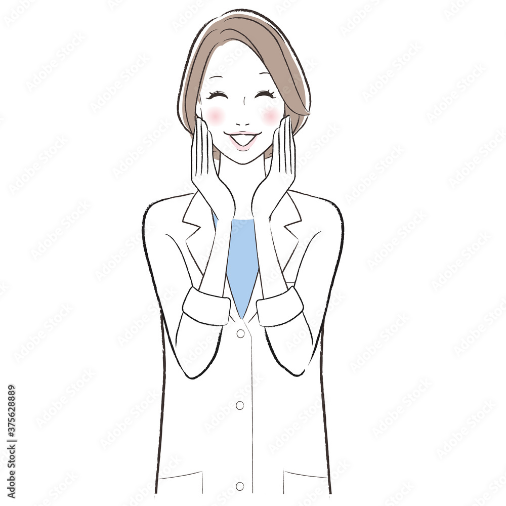 A happy woman doctor smiling touching her face A happy woman doctor smiling touching her face