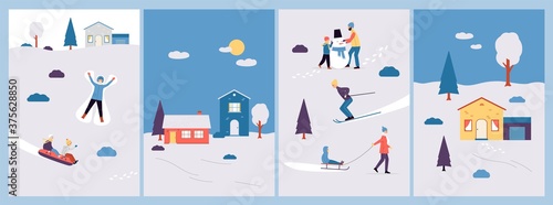 Winter cards with people enjoying sport activity, flat vector illustrations set.