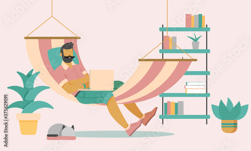 Freelancer working at home office in a hammock, Flat style cartoon faceless character. Lifestyle, self isolation, pandemic concept. Minimal vector illustration.