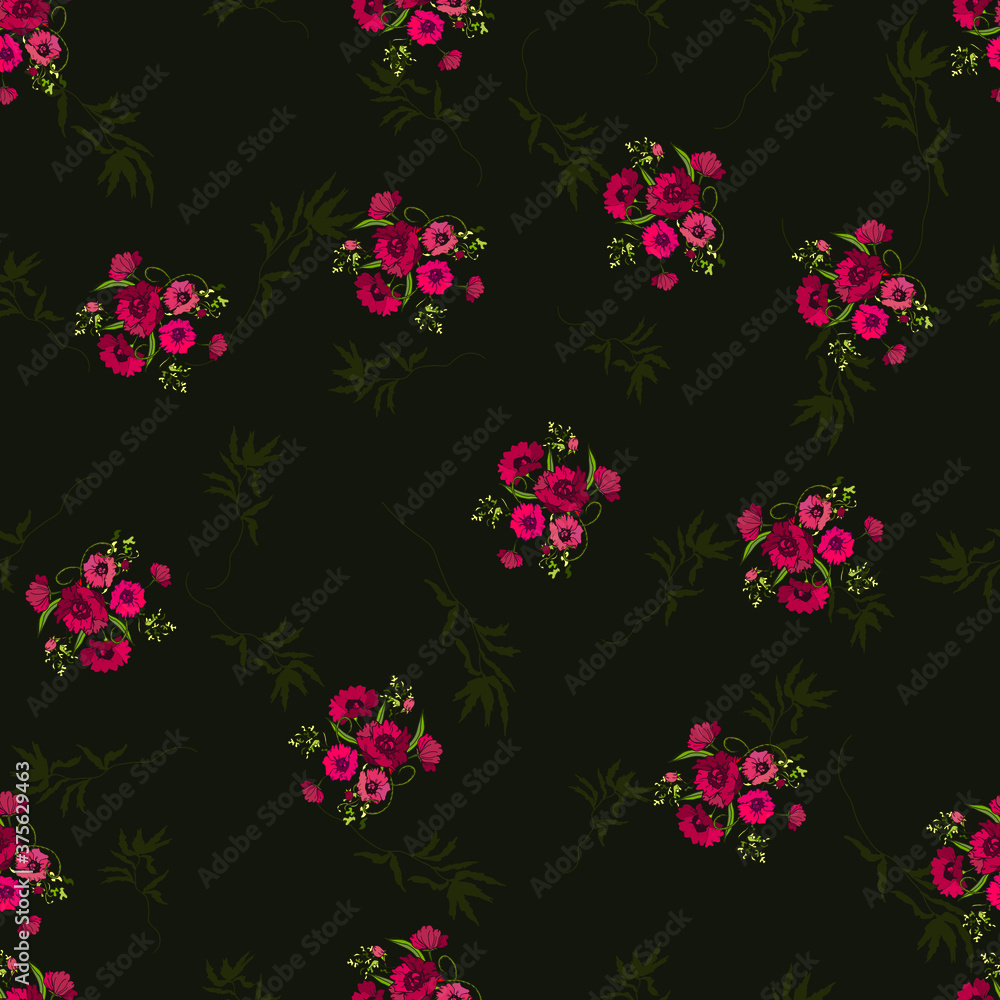Seamless pattern of flowers and leaves on a dark background. Colorful composition. Doodle style Seamless pattern of flowers and leaves on a dark background. Colorful composition. Doodle style