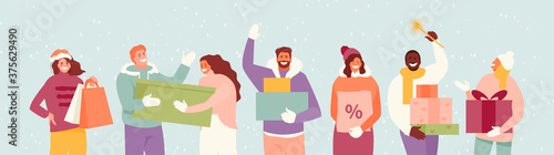 Christmas sale discounts. People with gifts and purchases vector illustration