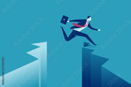 Businessman jumps over gap. Concept overcome obstacles. Business vector illustration.