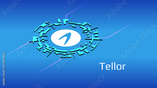 Tellor TRB isometric token symbol of the DeFi project in digital circle on blue background. Cryptocurrency icon. Decentralized finance programs. Vector EPS10. photo
