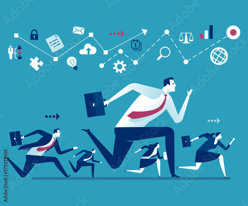 Running for success. Teamwork, Leadership. Business team runs to the goal. Business vector illustration.