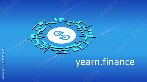 yearn.finance YFI isometric token symbol of the DeFi project in digital circle on blue background. Cryptocurrency icon. Decentralized finance programs. Vector EPS10.