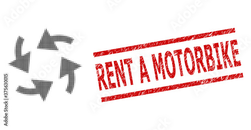 Cyclone arrows halftone dotted vector and Rent a Motorbike scratched stamp seal. Stamp seal includes Rent a Motorbike caption between parallel lines.