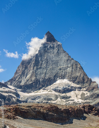 Matterhorn mountain eastern wall as seen from Trockener Steg (summer), swiss alps, Switzerland