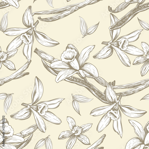 Seamless pattern with flowers and vanilla sticks. Orchid. Natural vector hand drawn illustration for printing fabric, wrapping paper, packaging.