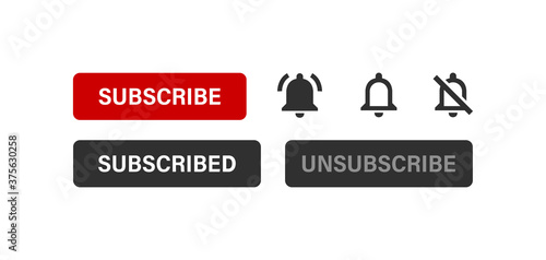 Subscribe button with bell icon for social media content, vector. Play video notification in flat style.