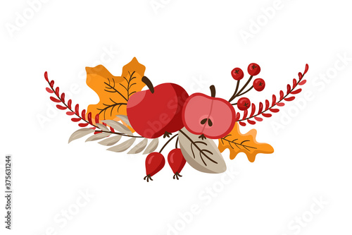 Vector bouquet Autumn wreath design template print with apples, leaves, berries and place for text. October harvest background illustration for Happy Thanksgiving Day. Fall Nature design