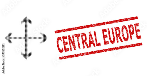 Expand arrows halftone dotted vector and Central Europe dirty stamp. Stamp includes Central Europe text between parallel lines.