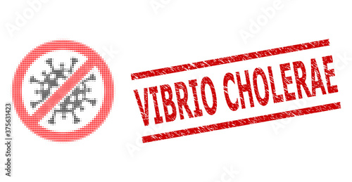 Stop covid-19 virus halftone dotted icon and Vibrio Cholerae corroded stamp seal. Stamp seal includes Vibrio Cholerae title between parallel lines.