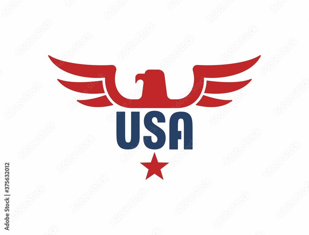 Color illustration of eagle, text and star. Red and blue illustration on a white background. Vector illustration depicts the symbol of the USA. The emblem of freedom and democracy. Color illustration of eagle, text and star. Red and blue illustration on a white background. Vector illustration depicts the symbol of the USA. The emblem of freedom and democracy.