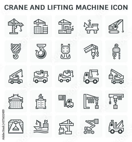 Crane icon or lifting equipment icon such as tower, crawler, mobile, gantry, overhead, jib, winch, etc. That using in construction, transportation, production etc industry. Vector icon design.