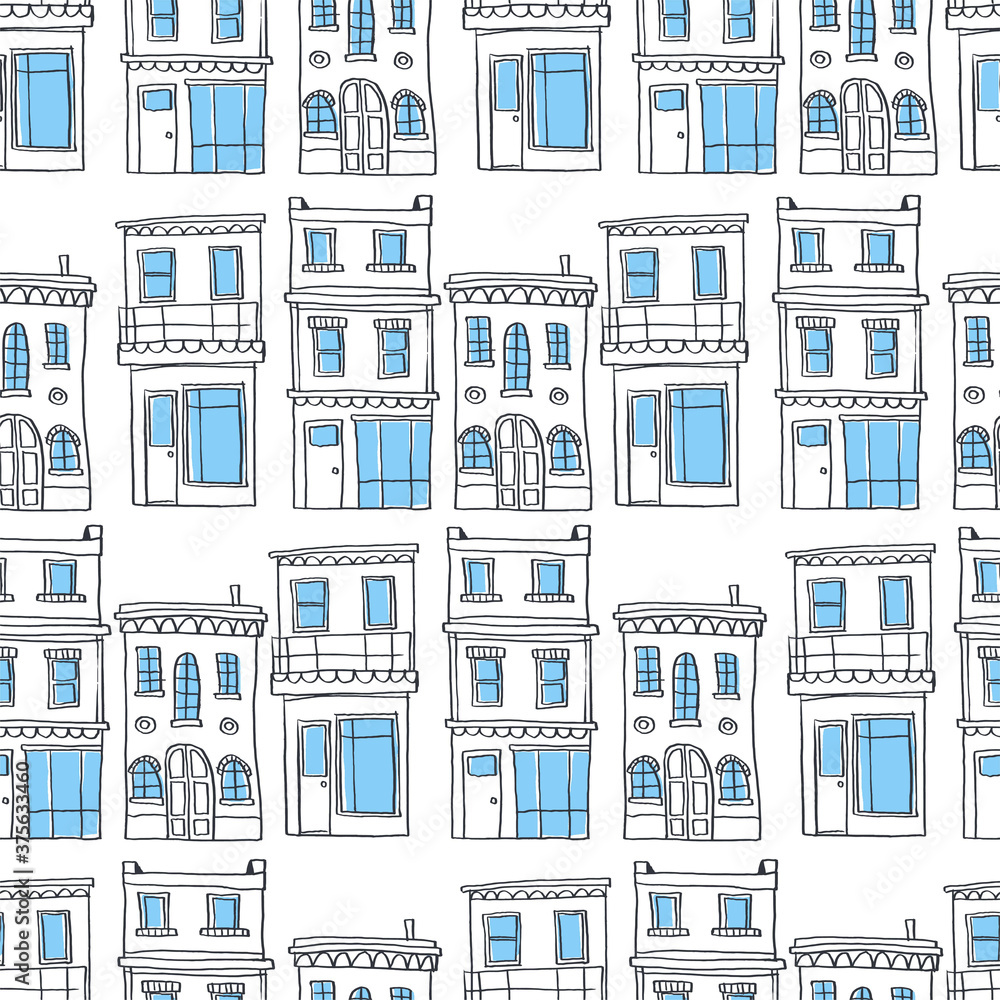 Seamless pattern of buildings. Vector illustration. Background for poster or cover. Figure for textiles.