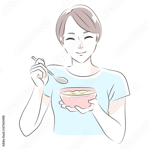 オートミールを食べる女性のイラスト