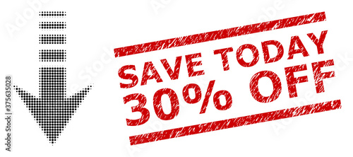 Send down halftone dotted vector and Save Today 30% Off textured stamp imitation. Stamp includes Save Today 30% Off caption between parallel lines.