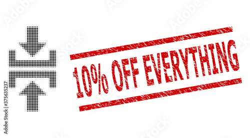 Press vertical direction halftone dotted vector and 10% Off Everything grunge stamp print. Stamp seal includes 10% Off Everything tag between parallel lines.