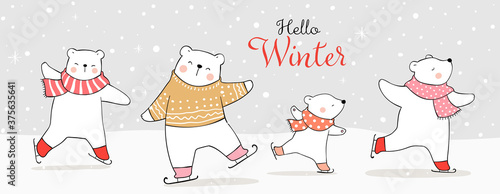 Draw banner animal on ice skates in snow.Winter and Christmas.