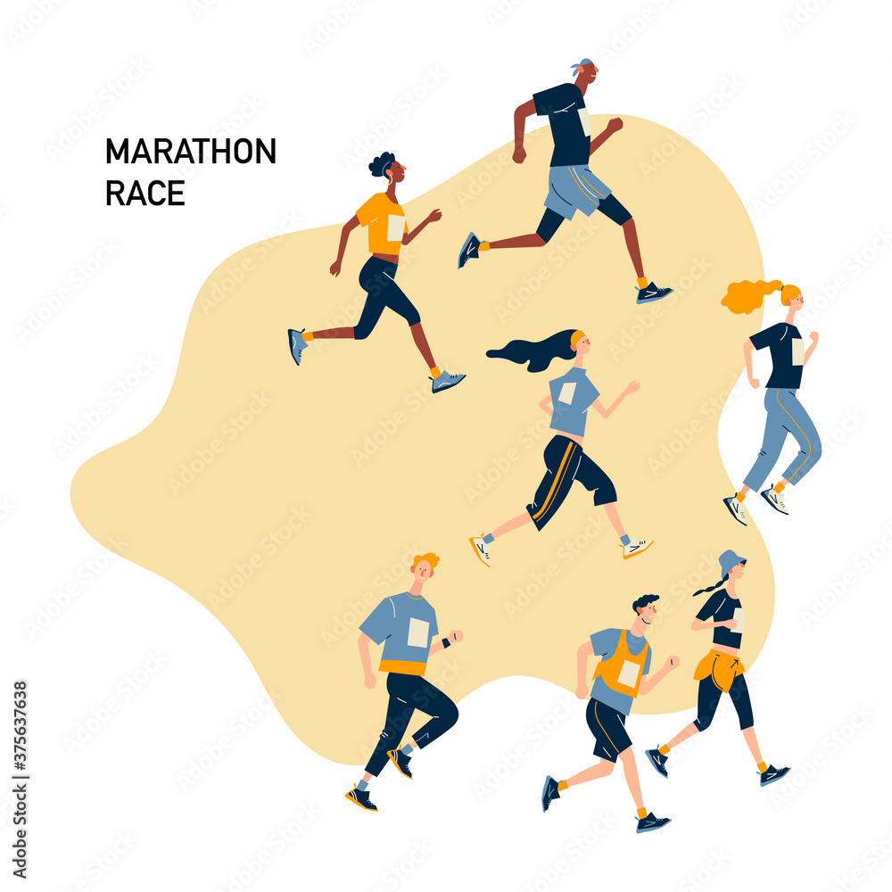 Group of running men and women in sportswear at marathon race.  Marathon race, 5k run, sprint. Flat cartoon illustration on white background. Creative landing page design template, web banner.