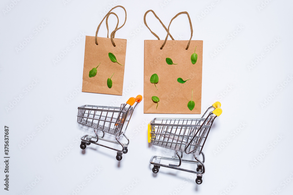 paper shopping bags, copy space. Eco shopping concept, zero waste.