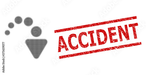 Redo halftone dotted vector and Accident corroded stamp. Stamp includes Accident text between parallel lines. Redo vector is organized of halftone array which contains round elements.