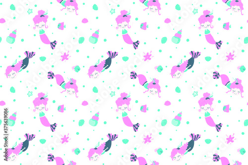 Cute seamless pattern of amazing lovely girls mermaids with bubbles, seashells, fishes and starfish. Cartoon magical underwater world on a white background. Design for nursary, toddler clothes. Vector