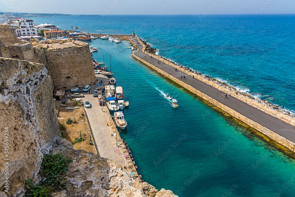 A view of Kyrenia harbour across the slipway out to sea in Cyprus in springtime