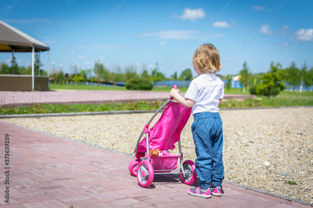 Little child rolls an empty stroller along the road on sunny day. Little child rolls an empty stroller along the road on sunny day.