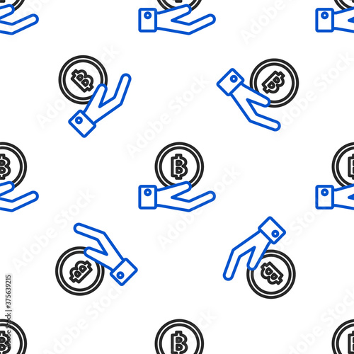 Line Hand holding Bitcoin icon isolated seamless pattern on white background. Blockchain technology, digital money market, cryptocoin wallet. Colorful outline concept. Vector.