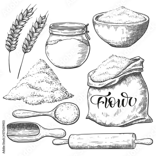 Flour sketch set, vintage food illustration.