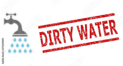 Shower tap halftone dotted vector and Dirty Water unclean stamp seal. Stamp seal includes Dirty Water title between parallel lines.