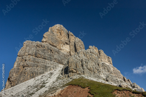 On trekking trail from Averau refuge, at the foot of Averau mountain, down to Passo Giau, Alta Via 1 long distance trek, Dolomites, South Tirol, Italy.  © MoVia1