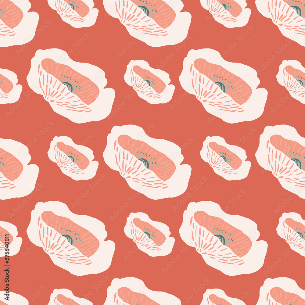 Pastel poppy buds seamless doodle pattern. Hand drawn flowers on light coral background. Simple botanic backdrop.