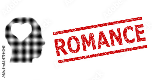 Lover head halftone dotted vector and Romance dirty stamp seal. Stamp includes Romance caption between parallel lines. Lover head vector is designed with halftone array which contains circle points.