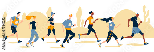Group of running men and women in sportswear at marathon race. Marathon race, 5k run, sprint. Flat cartoon illustration on white background. Creative landing page design template, web banner.