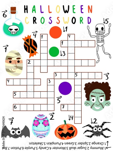 Halloween crossword for kids with answer vector. Funny educational halloween crossword with skeleton, pumpkin, spider, bat, potion, candy, monster, sugar skull, mummy, green, orange and purple
