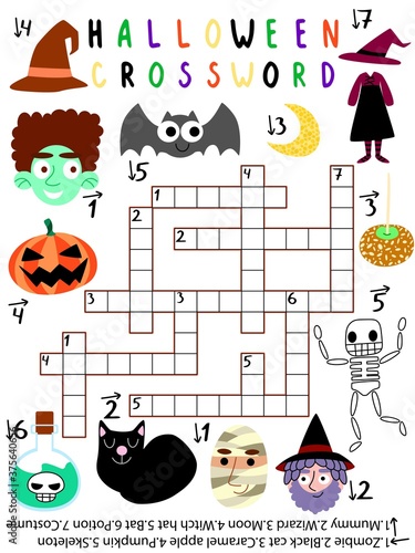 Funny educational halloween crossword vector worksheet. Children halloween crossword with black cat, mummy, wizard, skeleton, caramel apple, costume, moon, bat, witch hat, zombie, pumpkin, potion.