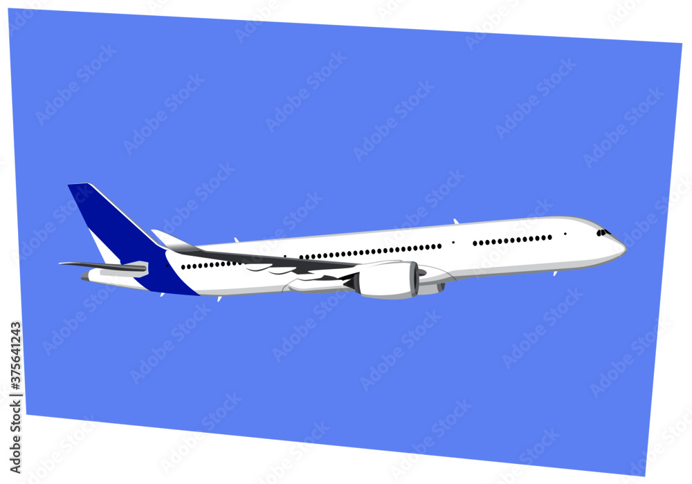 Airbus A350-800. Modern airliner. Commercial jet plane in blue sky. Vector drawing for illustrations.