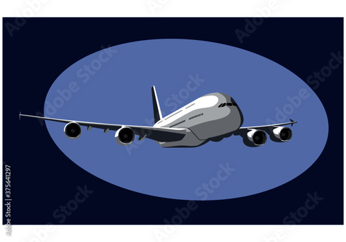 Airbus A380. Flight of a giant commercial jet liner. Vector drawing for illustrations.