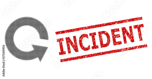 Rotate ccw halftone dotted vector and Incident textured stamp. Stamp includes Incident tag between parallel lines. Rotate ccw vector is done with halftone pattern which contains circle elements.
