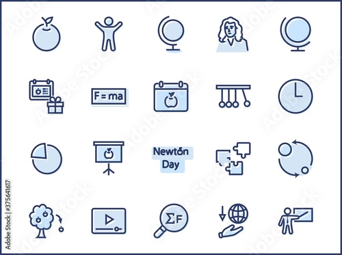 Newton's Day Set Line Vector Icon. Contains such Icons as Newton, Laws of physics and gravity, Flying Apple, Calendar, Teacher, blackboard and projector Editable Stroke. 32x32 Pixel Perfect